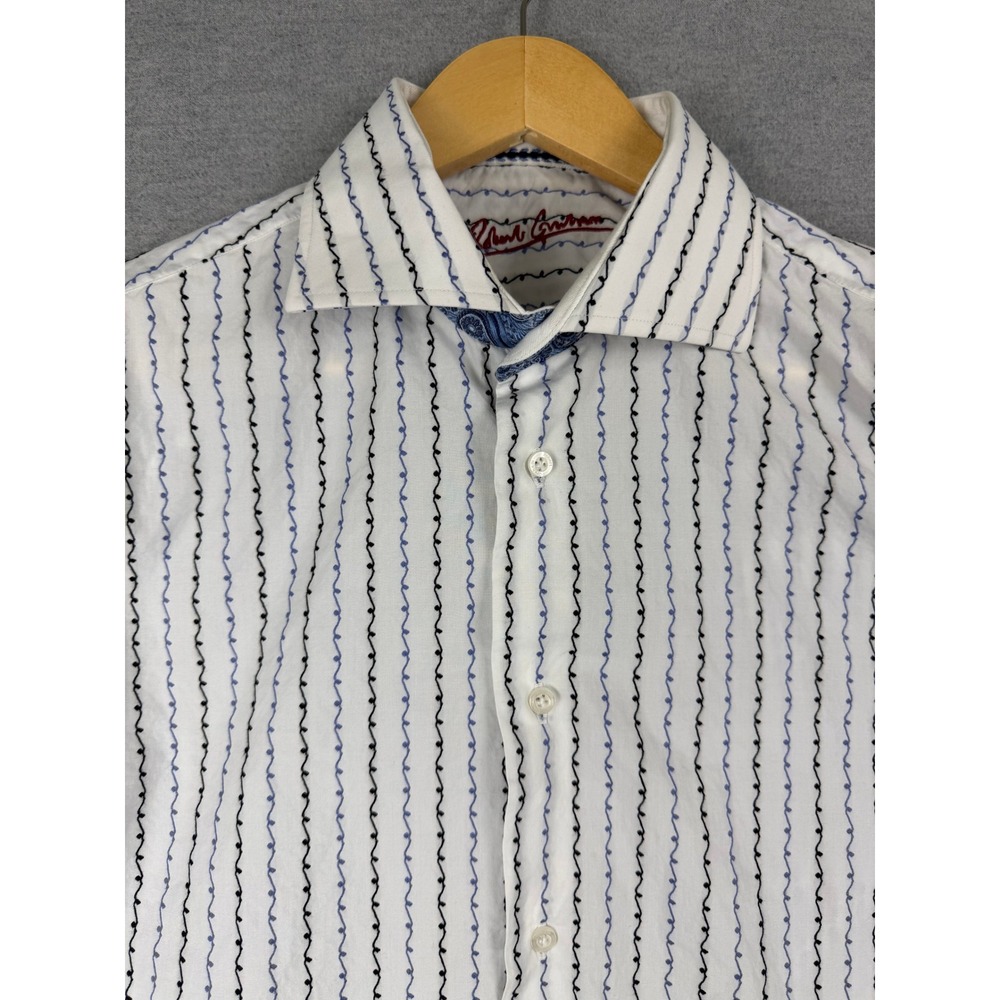 Robert Graham Mens White Silk Blend Embroidered Wavy Stripe Button Down Shirt 41